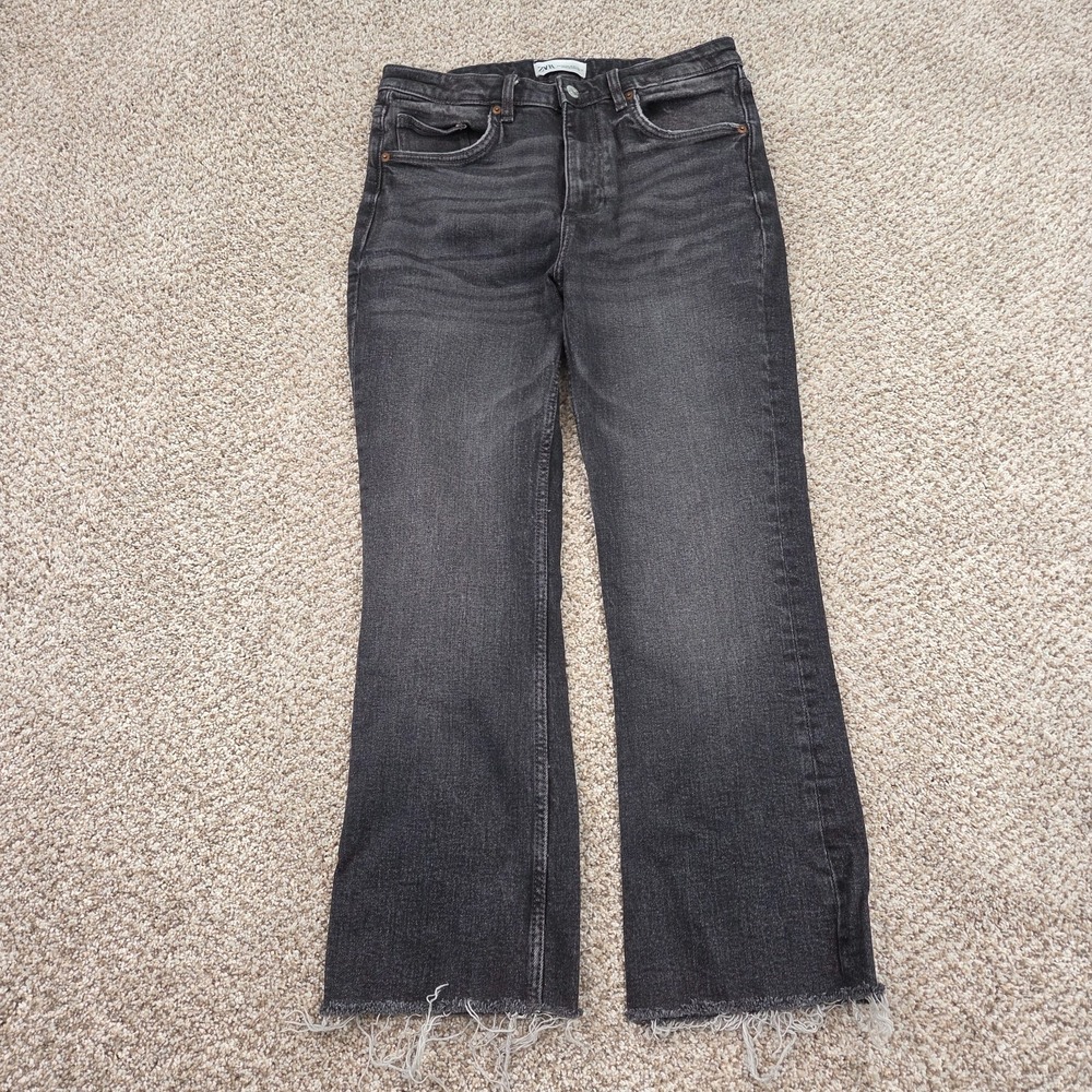 Zara Black High Waisted Frayed Raw Hem Flared Bootcut Denim Jeans Pants Size 6
